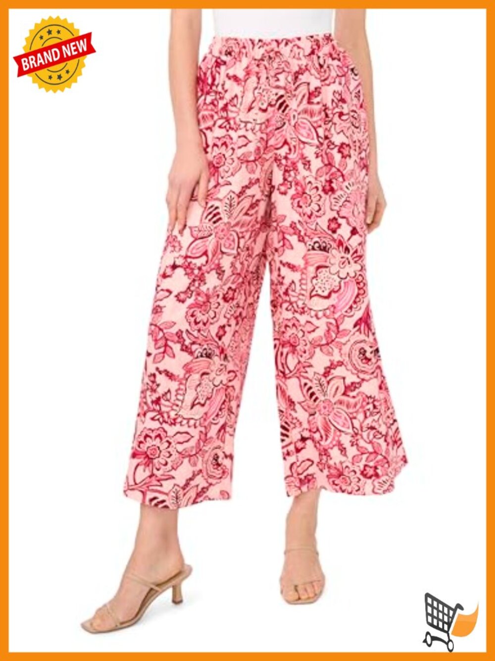 Wide Leg Gathered Linen Floral Print Palazzo Pants Mid Rise Button Closure